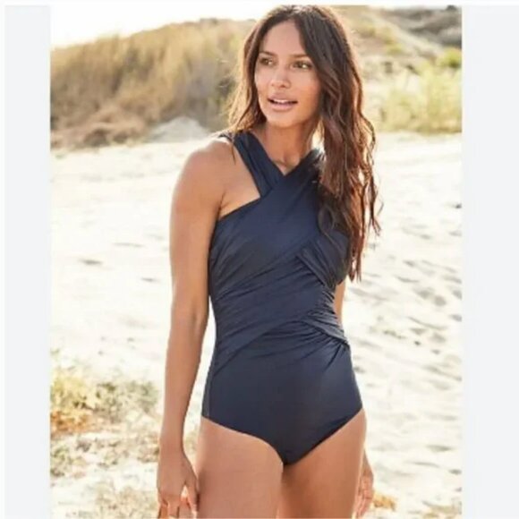 Garnet Hill Ruching Front One Piece Navy Blue Swimsuit - Picture 3 of 15